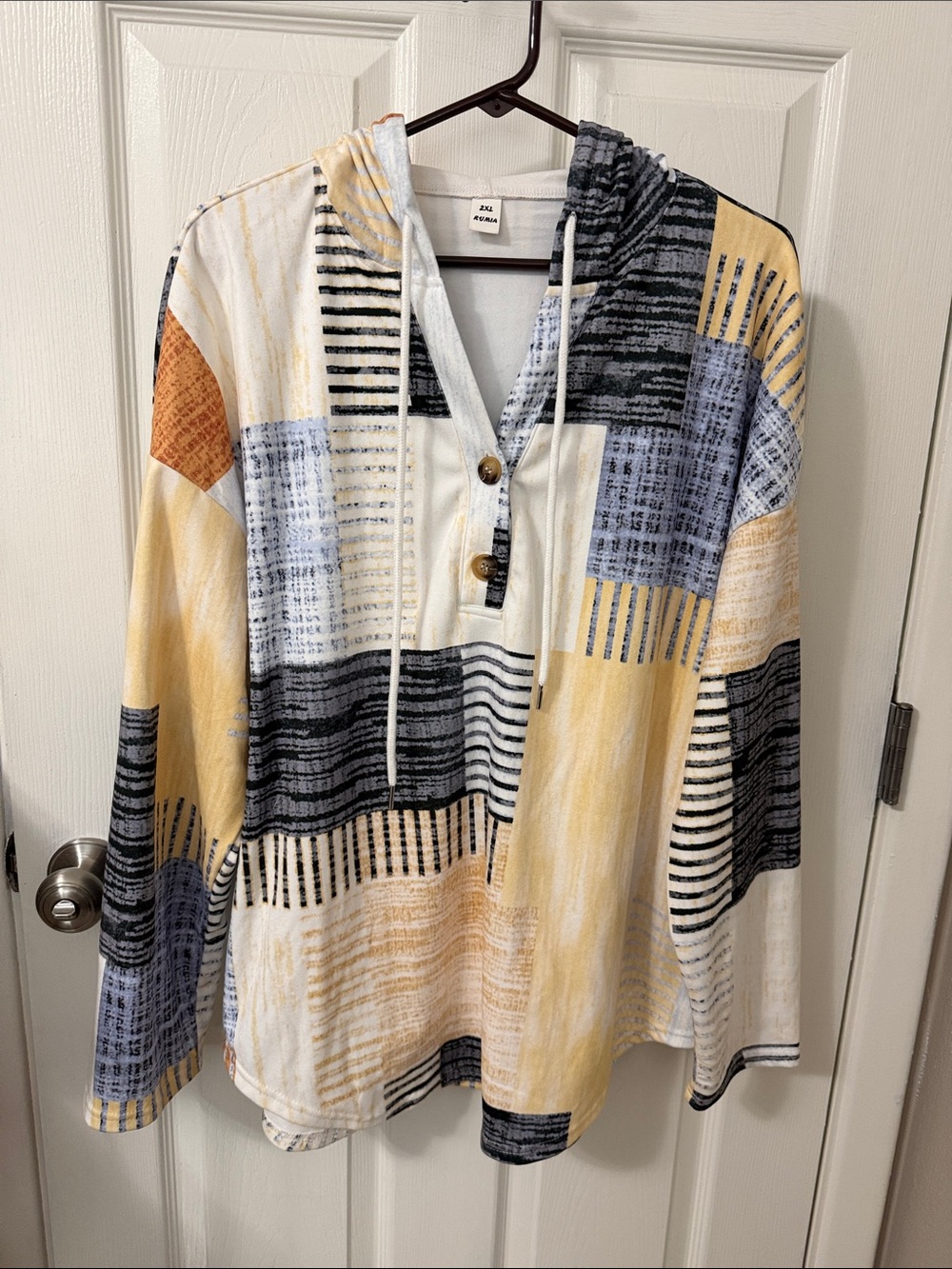 MIA Striped Patchwork Henley Hoodie in Cream, Yellow, Black, Blue